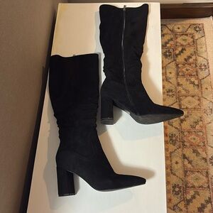 Lulus Katari Black Suede Pointed-Toe Knee High Block Heel Boots